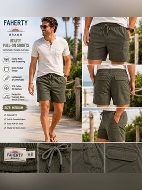 Faherty Brand Men's Olive Green Pull On Utility Shorts Size Medium Elastic Waist